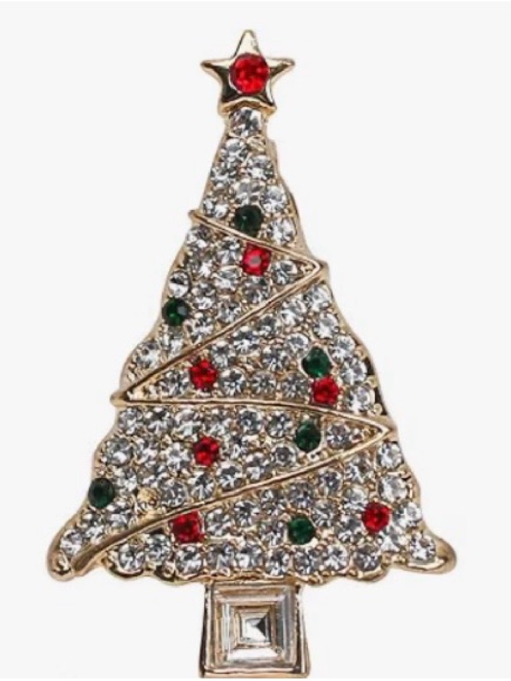 Festive Crystal Christmas Tree Brooch – Gold Tone with Red & Green Accents
